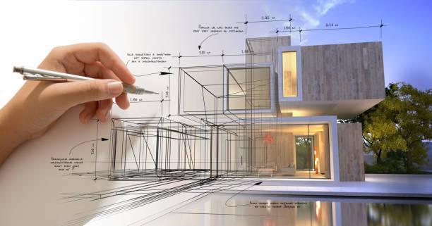 Hand sketching a designer villa with pool Hand drafting a modern white villa with a pool home building design stock pictures, royalty-free photos & images